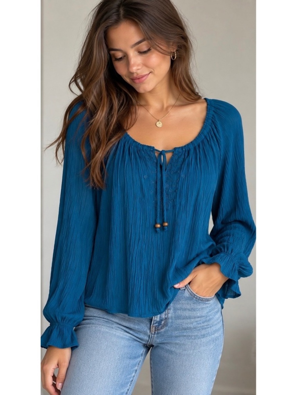 Sag Harbor Boho Peasant Blouse Teal Blue Size Small